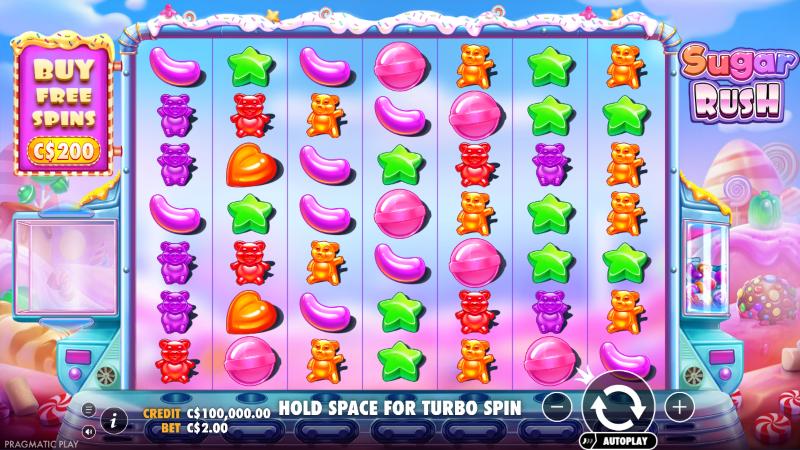 Sugar Rush main screen with the 7×7 grid, Buy Free Spins button and bet controls