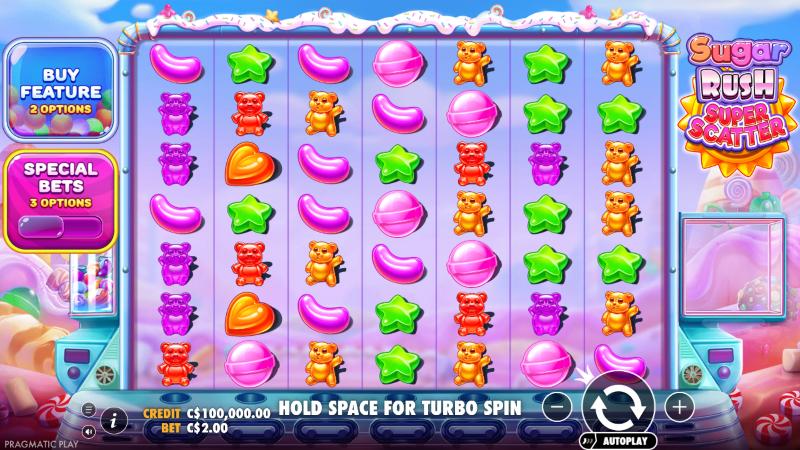 Sugar Rush Super Scatter main screen with Buy Feature and Special Bets panels